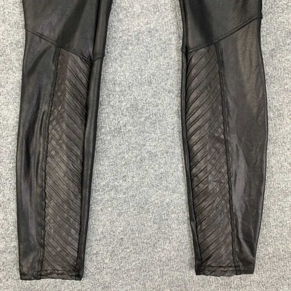 Spanx Leggings Women S Small Black Coated Faux Leather Moto Pull On Ribbed Panel